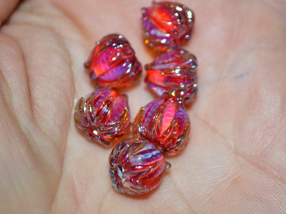 Red orange silver floral beads, Flower lampwork bead, 10mm flower beads, Lampwork flower glass beads, Artisan lampwork, bright glass beads