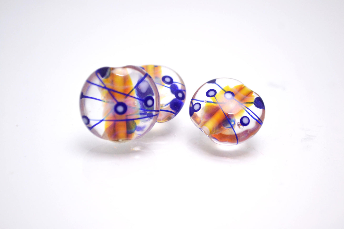 Lines glass beads for jewelry making set beads lampwork handmade artisan beads clear blue orange lentils lampwork necklace bead making