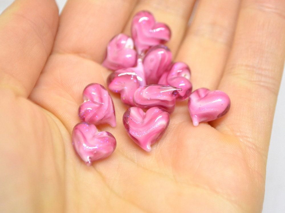 Pink heart beads, Pink glass bead, Heart jewelry making, Sparkle Lampwork heart, Heart shape, Glass Heart charm, Half-drilled beads