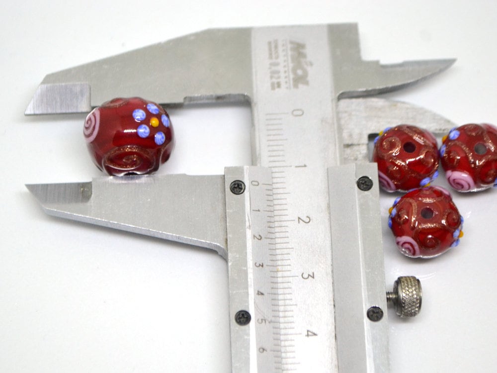 Murano glass red beads with blue pink flowers, Italian glass beads, Red glass beads, Venetian glass, Unusual beads, Bordeaux, vintage bead