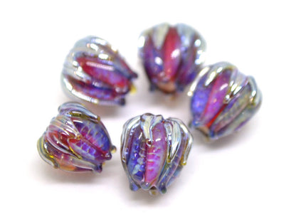 Ruby red silver flower beads, 10mm flower beads, Lampwork flower bead, Glass beads, Floral lampwork, Artisan lampwork, Handmade beads