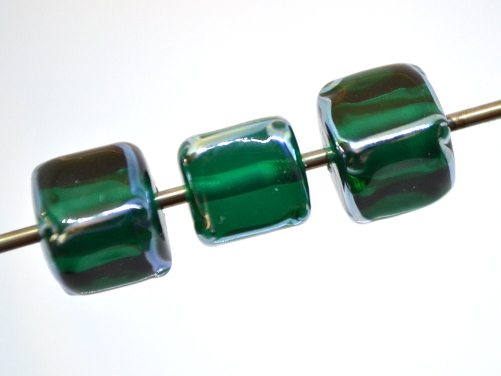 emerald glass beads handmade green cube beads lampwork cube bead geometric glass bead square lampwork bead art glass beads green silver bead