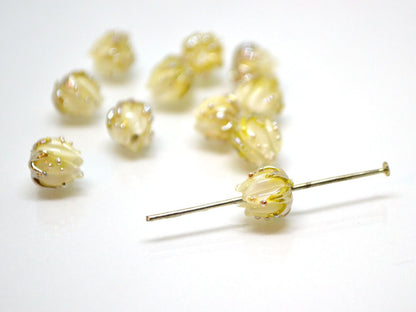 White flower beads with gold leaves, Tiny glass beads, 7mm flower beads, Small lampwork beads