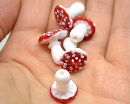 Handmade glass mushroom beads, Fly-agaric lampwork bead, Miniature Mushroom, Fall Decor, Glass Amanita bead, White mushroom beads, Forrest