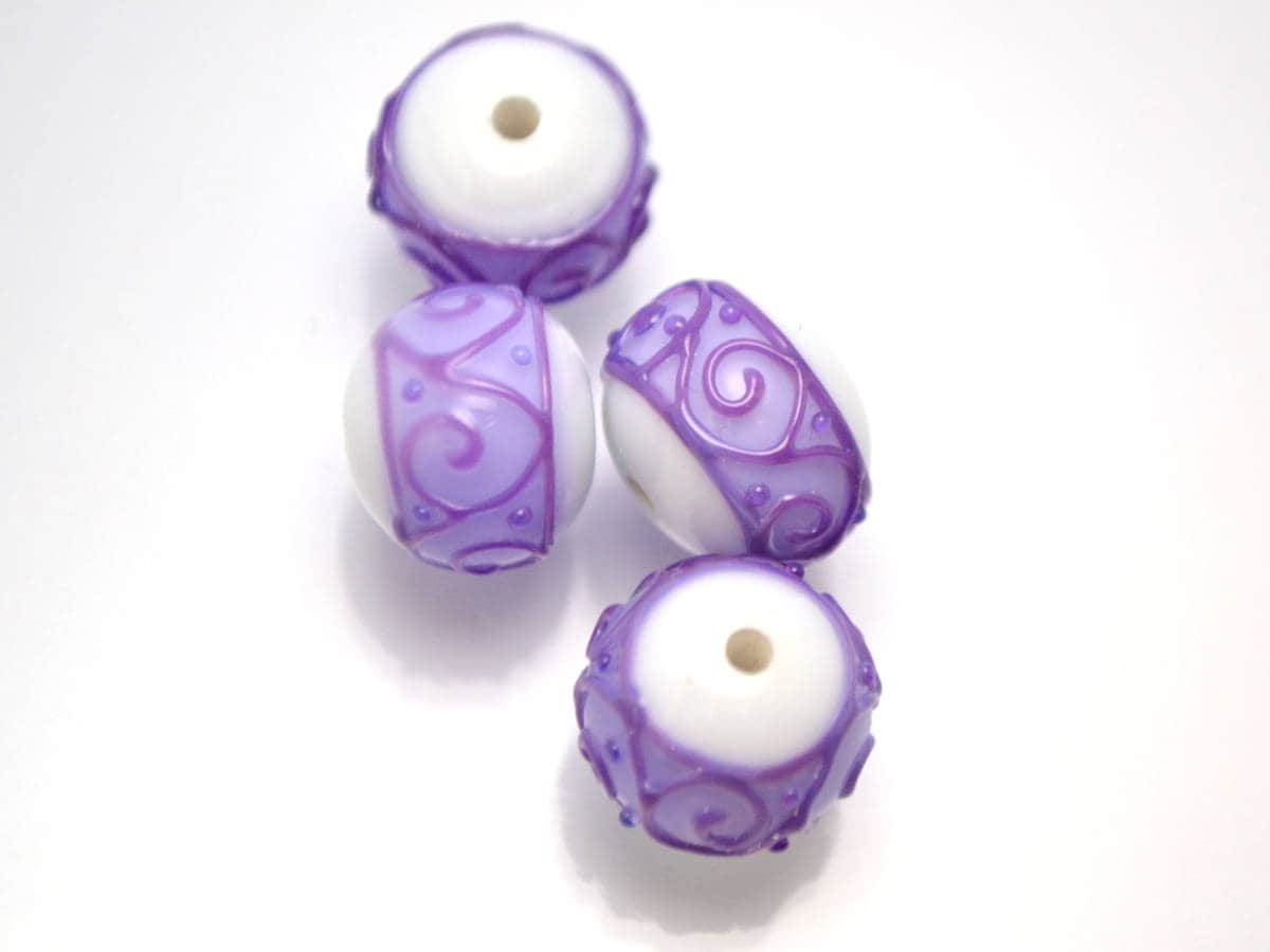 white purple lampwork glass rondelle bead handmade artisan lampwork bead set jewelry making earrings violet curl texture swirl carved beads