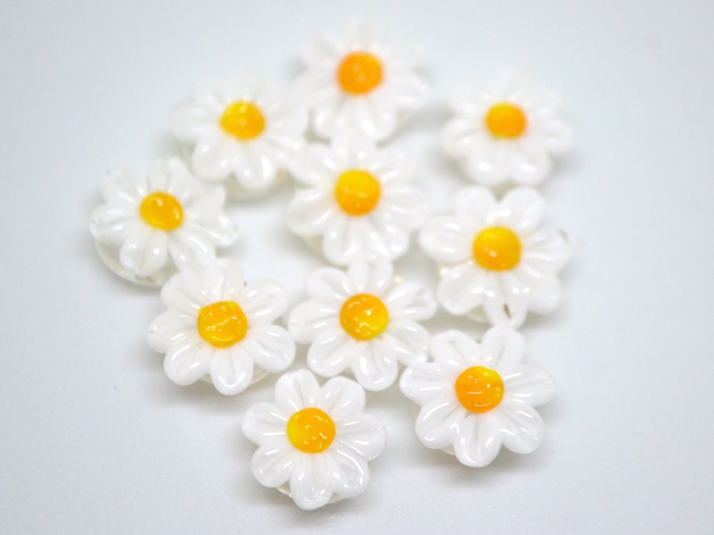 Lampwork Chamomile beads, Chamomile flower bead, Yellow and white beads, Lentils beads, White flower bead,White floral lampwork,Field flower