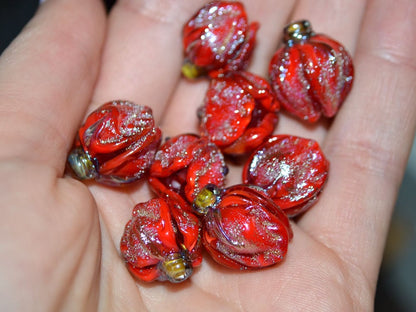 Scarlet red rose bud beads, Glitter Lampwork Bead, Stardust Flower lampwork beads, Sparkling beads, Glitter beads