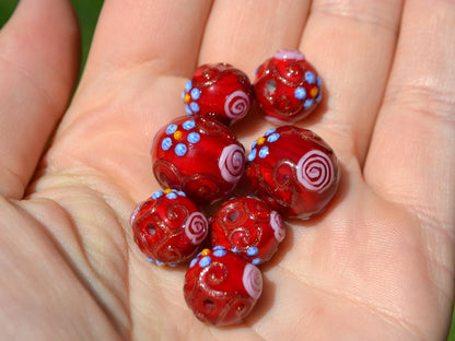 Murano glass red beads with blue pink flowers, Italian glass beads, Red glass beads, Venetian glass, Unusual beads, Bordeaux, vintage bead