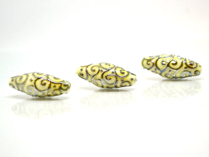 Ivory rhombus focal beads with gold curls, White milk glass beads, Mirror effect beads, Artisan lampwork