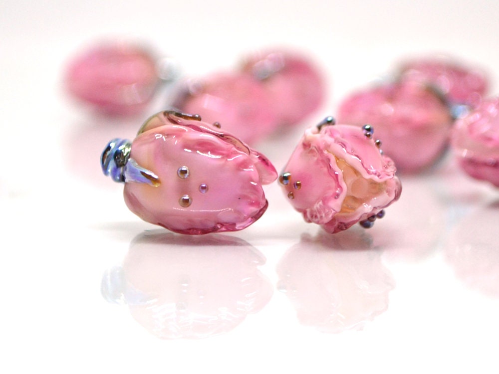 Amazing pink lampwork flower beads, Pink white glass floral beads, Focal lampwork beads