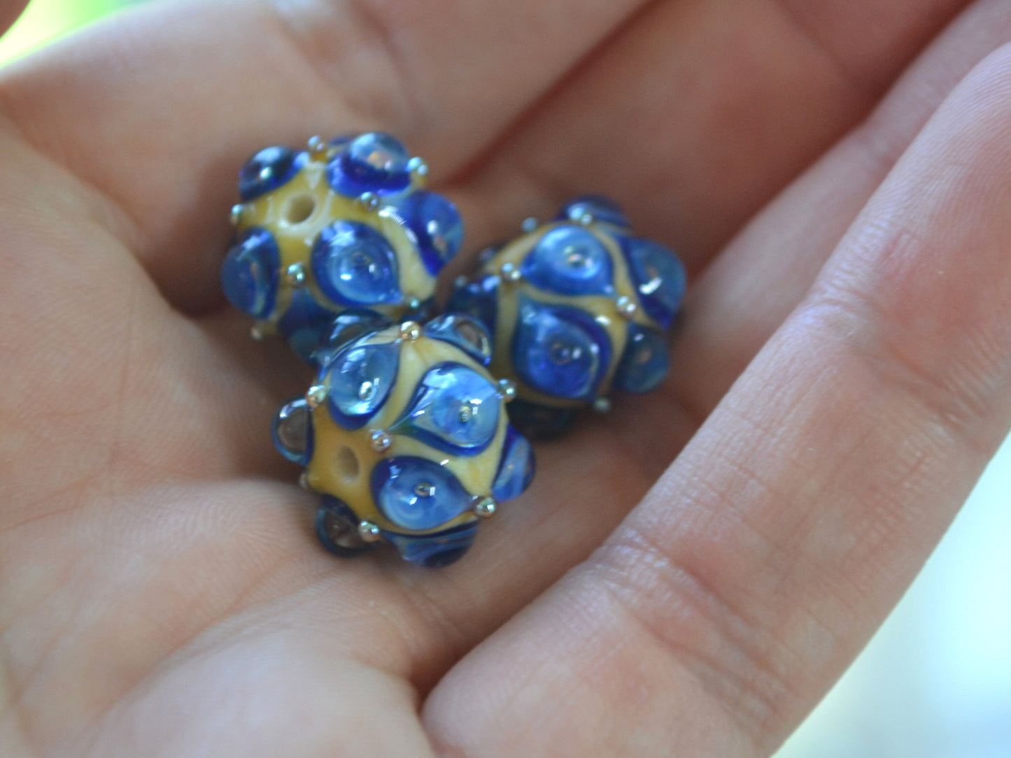 Blue beige handmade glass bead, 15 mm glass beads, Deep blue lampwork, Artisan lampwork, Beads for necklaces, Jewelry beads