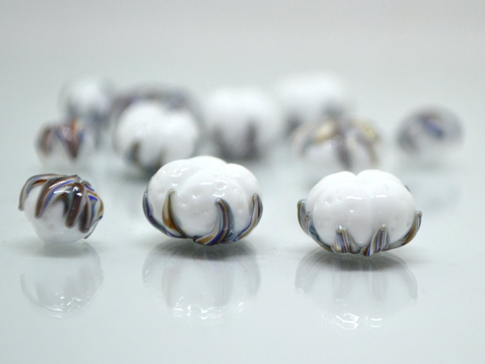 Lampwork cotton flower, Cotton flower beads, Nature inspired, Artisan lampwork, white silver beads