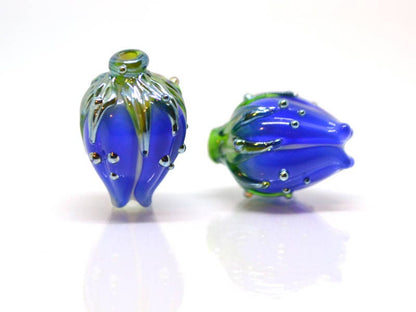 cobalt blue glass flower beads for jewelry blue flower earrings blue lampwork beads blue flower bud handmade beads earrings pair cobalt blue