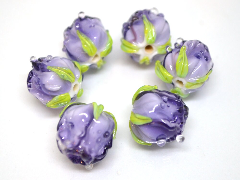 Purple rosebud beads, Violet floral lampwork, Purpure glass beads, Flower glass beads, Floral Jewelry, Jewelry glass beads, OliVerStar beads