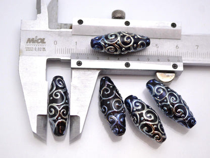 black and silver artisan lampwork beads set  oval beads jewelry making rhombus curls bead chic sparkly beads large beads christmas bead