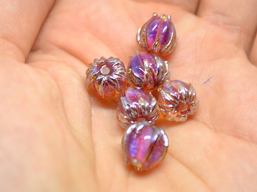 Ruby rose silver flower beads, Lampwork flower, 10mm flower beads, Glass flower, Floral lampwork, Artisan lampwork, netting silver pink