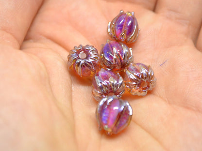 Ruby rose silver flower beads, Lampwork flower, 10mm flower beads, Glass flower, Floral lampwork, Artisan lampwork, netting silver pink