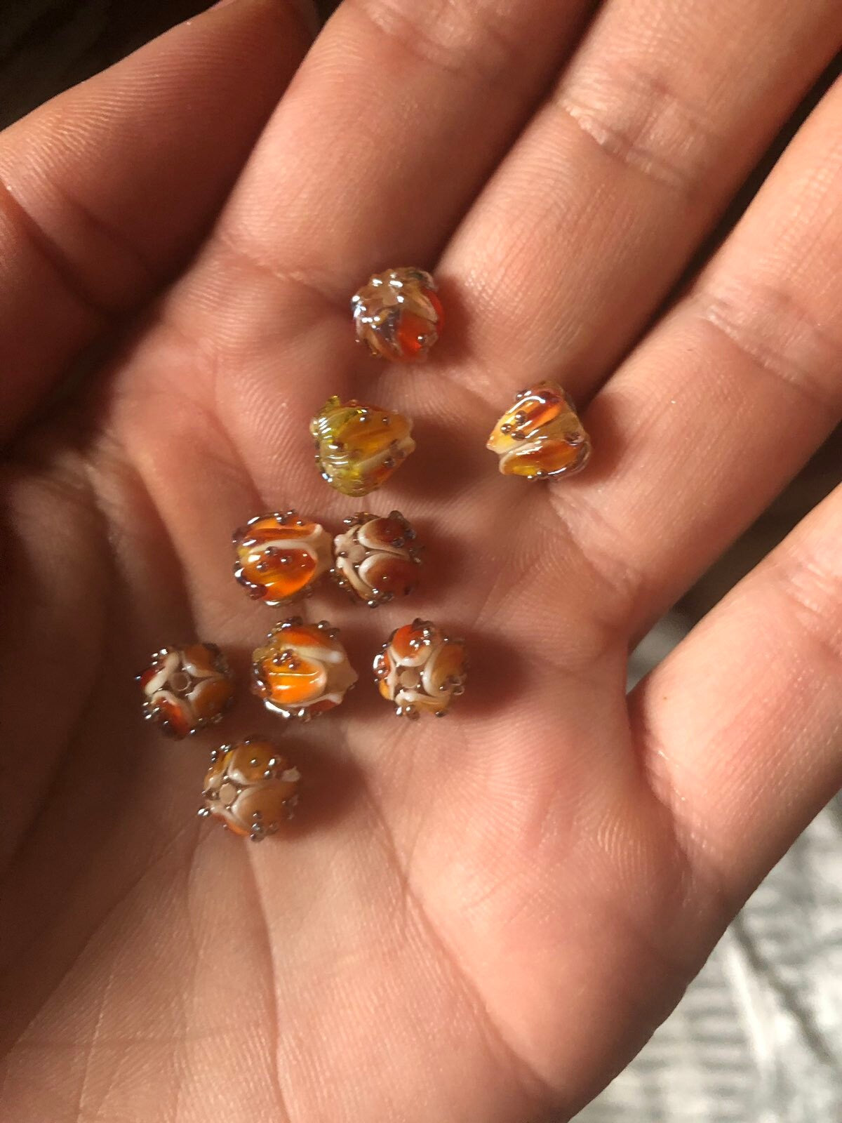 Tiny orange flower beads with gold leaves, Small glass beads, 7mm flower beads, beads for jewelry, Artisan lampwork