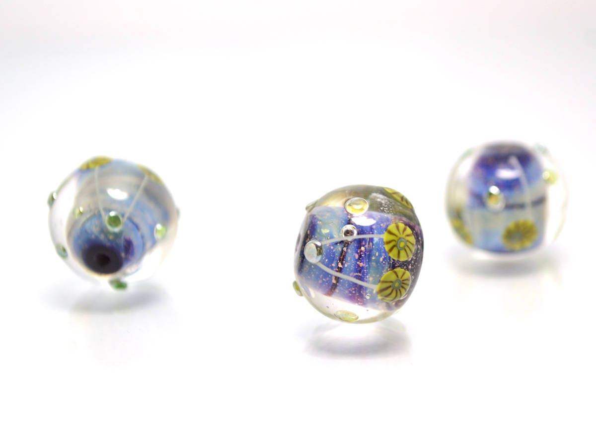 Nautical Lampwork bead handmade blue green yellow dust millefiori focal artisan lampwork aquarium set of beads for Jewelry making pendant