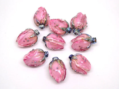 Amazing pink lampwork flower beads, Pink white glass floral beads, Focal lampwork beads