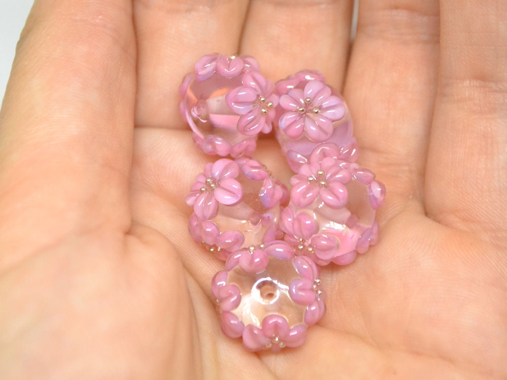 Pink flower beads, Clear Rondelle beads with flowers, Rondelle lampwork, Handmade lampwork, rondelle glass beads, lampwork spacer,Pink bead