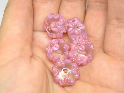 Pink flower beads, Clear Rondelle beads with flowers, Rondelle lampwork, Handmade lampwork, rondelle glass beads, lampwork spacer,Pink bead