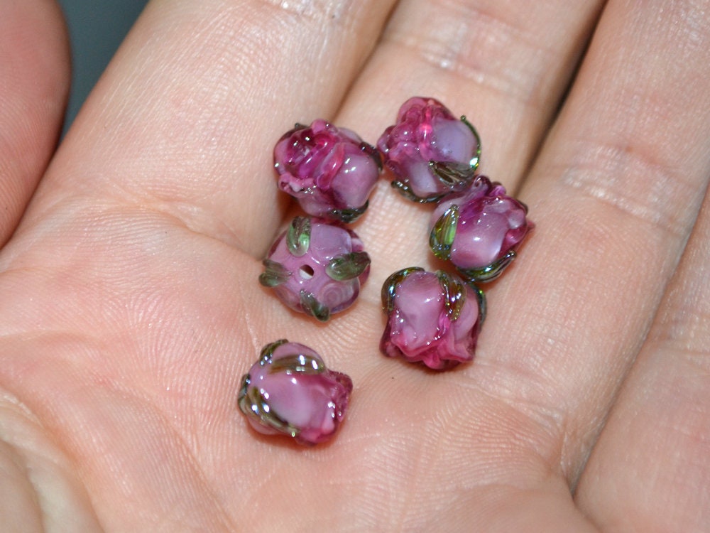 Pink wine 8mm rosebud beads, Pink Floral lampwork, Rose beads, Flower glass beads, Earrings Flower Beads, Murano Beads, Jewelry making