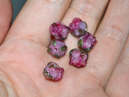 Pink wine 8mm rosebud beads, Pink Floral lampwork, Rose beads, Flower glass beads, Earrings Flower Beads, Murano Beads, Jewelry making