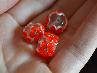 red flower beads red glass beads with flowers red transparent bead clear lampwork beads summer bright red beads earrings making jewelry