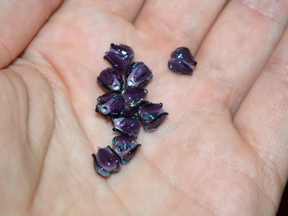 Dark purple small lampwork beads, purple silver flower beads, Tiny glass beads, 7mm flower beads, Artisan lampwork