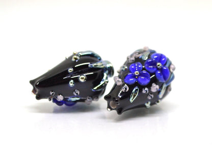 Black and Blue flower beads,  bouquet lampwork beads, Cobalt blue floral beads, Black blue silver beads, Beads for earrings,Artisan lampwork