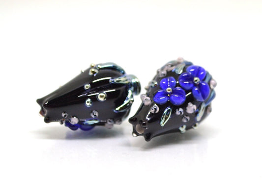 Black and Blue flower beads,  bouquet lampwork beads, Cobalt blue floral beads, Black blue silver beads, Beads for earrings,Artisan lampwork