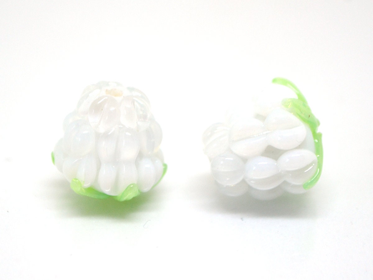White lampwork raspberry, White glass berries, Berry jewelry making, Lampwork raspberries, Berry fruit beads, White Raspberry green leaf