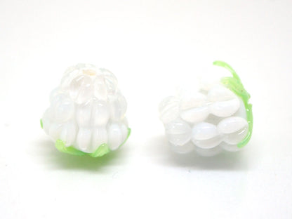 White lampwork raspberry, White glass berries, Berry jewelry making, Lampwork raspberries, Berry fruit beads, White Raspberry green leaf