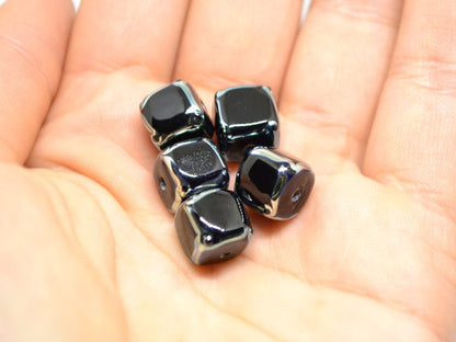 Black silver square beads, Black cube beads, Black spacer beads, Black lampwork beads, Artisan lampwork, 10mm cube beads, Geometric beads