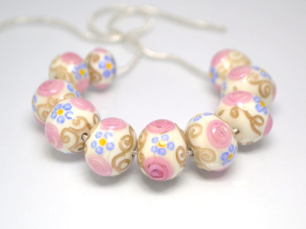 murano glass ivory lampwork ethnic beads jewelry making venetian italian handmade bead beige pink blue artisan lampwork round gold curles