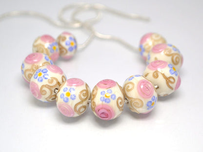 murano glass ivory lampwork ethnic beads jewelry making venetian italian handmade bead beige pink blue artisan lampwork round gold curles