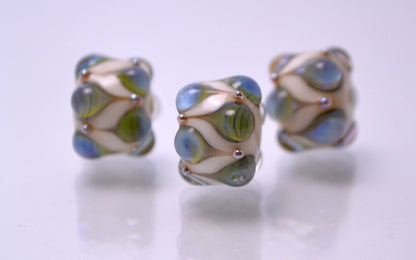 lampwork beads artisan lampwork jewelry making bead handmade art glass bead embossed textured beads green blue ivory Round lampwork beads