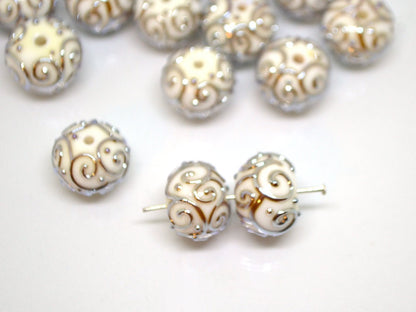White beads with silver curls, Glass art beads, Handmade lampwork beads, Artisan lampwork Set, Round beads, Jewelry making, Beads set