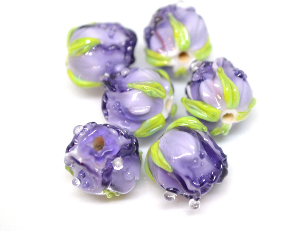 Purple rosebud beads, Violet floral lampwork, Purpure glass beads, Flower glass beads, Floral Jewelry, Jewelry glass beads, OliVerStar beads
