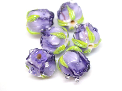 Purple rosebud beads, Violet floral lampwork, Purpure glass beads, Flower glass beads, Floral Jewelry, Jewelry glass beads, OliVerStar beads