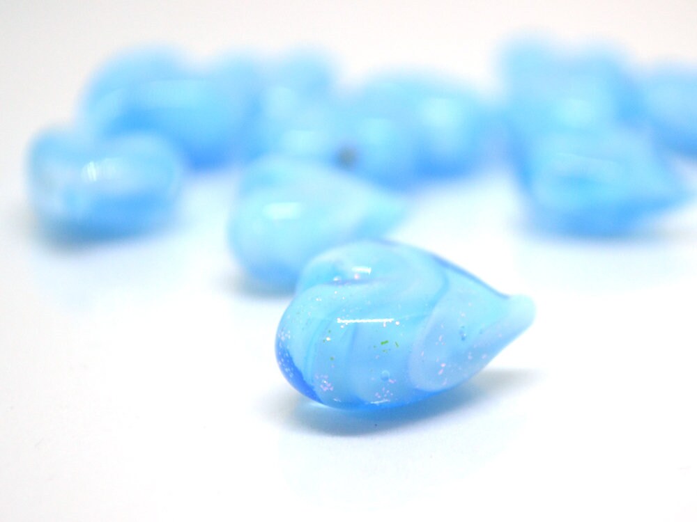Blue heart beads, Sparkle Lampwork heart, Sky blue glass beads, Glass heart shape bead, Heart charm beads, Half-drilled beads, Handmade