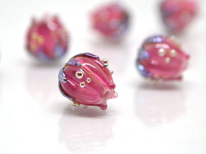 Bright pink flower beads silver, 10mm flower beads, lampwork rose buds, floral theme beads, Floral lampwork, Lampwork bead set, Handmade