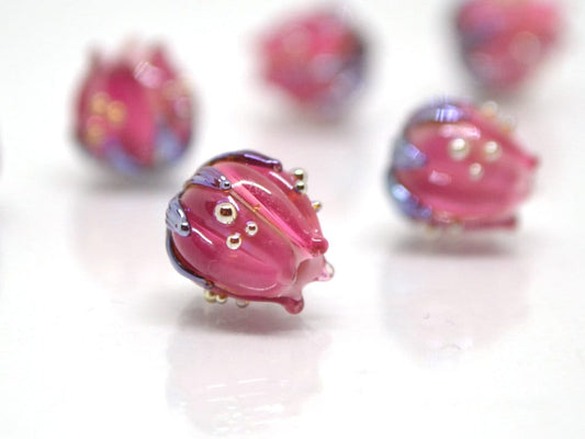 Bright pink flower beads silver, 10mm flower beads, lampwork rose buds, floral theme beads, Floral lampwork, Lampwork bead set, Handmade