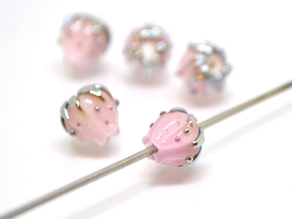 Pale pink floral beads with gold leaves, Tiny glass beads, Light pink 7mm flower beads, Artisan lampwork