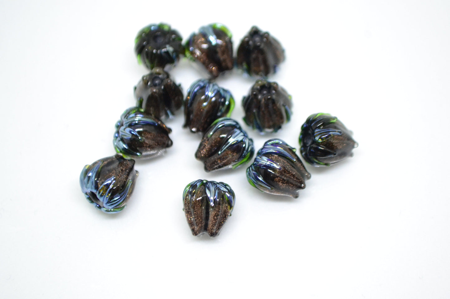 Aventurine glass beads, 10mm flower beads, Gold sand glass bead, Brown Floral lampwork, Sparkle flower bead, Floral theme beads Fall jewelry