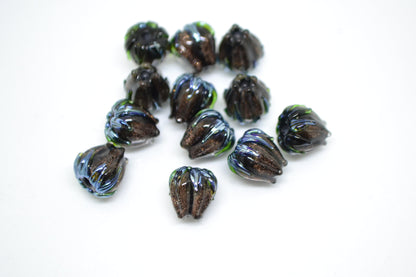 Aventurine glass beads, 10mm flower beads, Gold sand glass bead, Brown Floral lampwork, Sparkle flower bead, Floral theme beads Fall jewelry