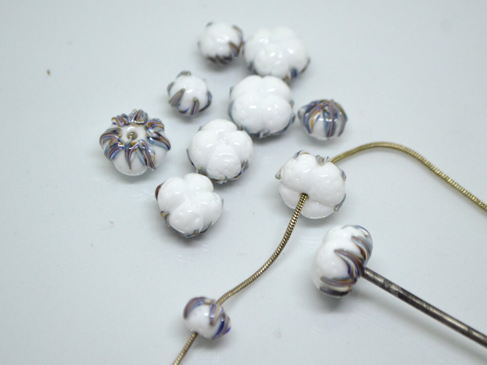 Lampwork cotton flower, Cotton flower beads, Nature inspired, Artisan lampwork, white silver beads