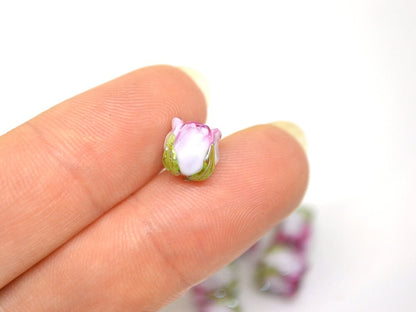 Pink white 8mm rosebud beads with green leaves, Pink Floral beads, Lampwork Rose beads, Flower glass beads, Flower Earrings,Artisan Lampwork