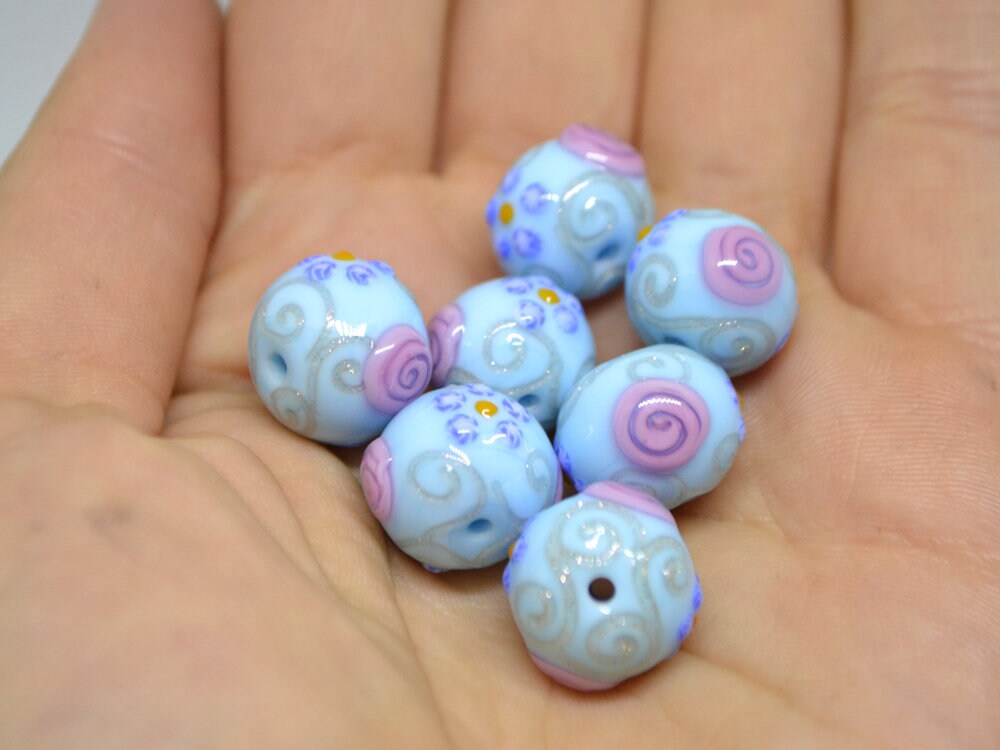 Venetian glass beads - Sky blue handmade beads with pink flowers and gold swirl, Artisan Lampwork Vintage glass bead Rondelle Jewelry making